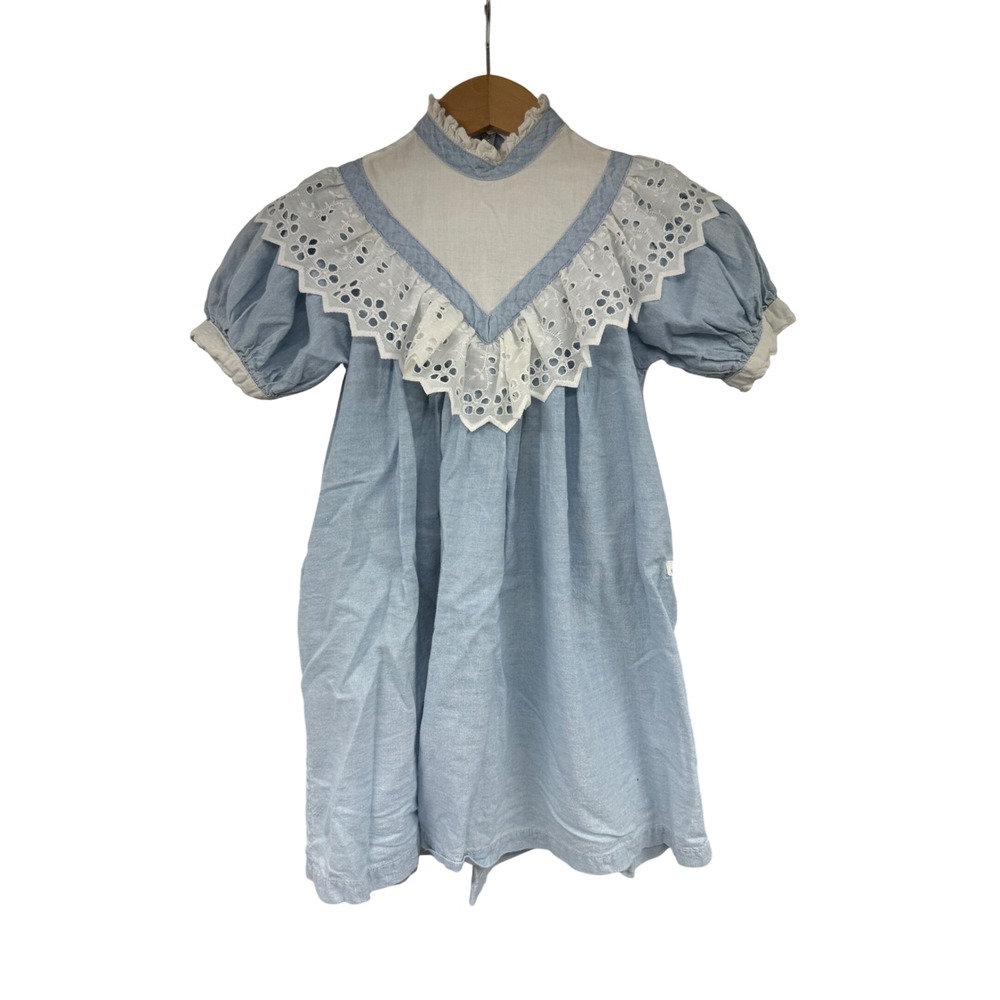 Vintage Baby Guess Georges Marciano Blue Chambray Eyelet Lace Dress Kids 6Y USA